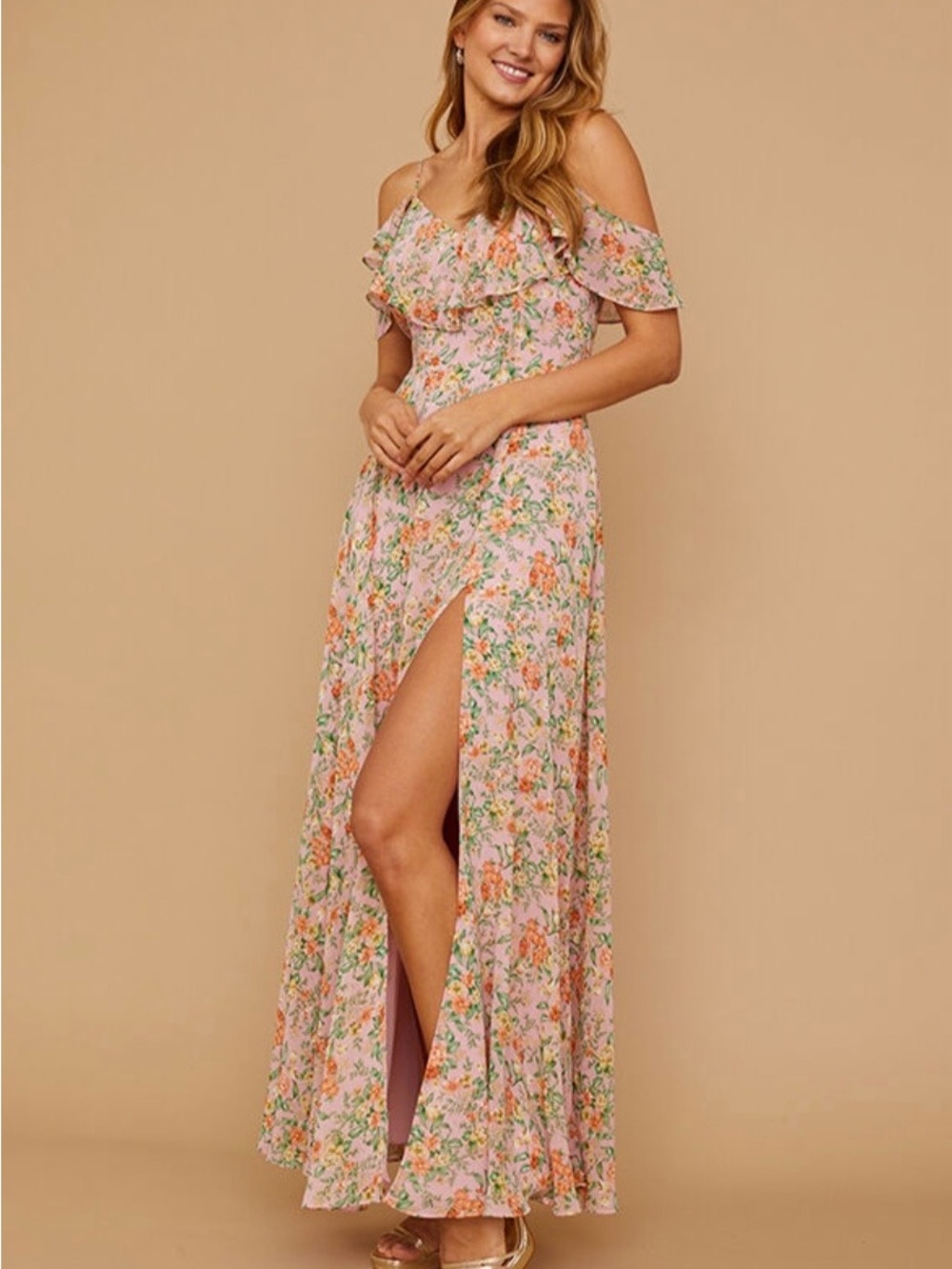 Vow’d Pink Floral Cold-Shoulder Maxi Dress with Ruffle Bodice